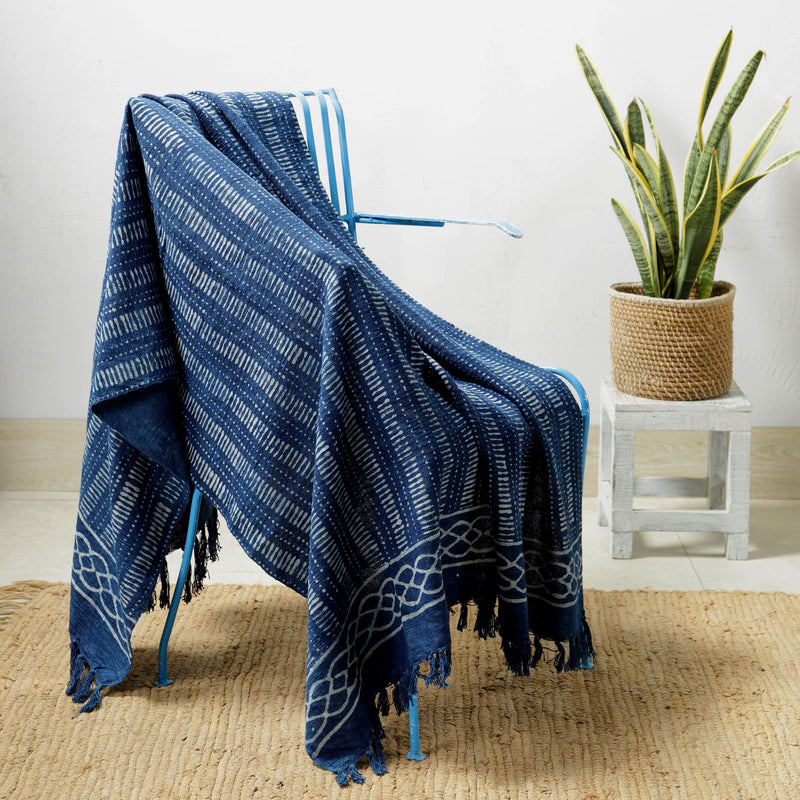 Ravaiyaa - Attitude is everything Hand Block Printed Handmade Sofa & Couch Throw Stripe Polka Design Handloom Cotton Throw Home Decor Bedding Blanket (Indigo Blue)