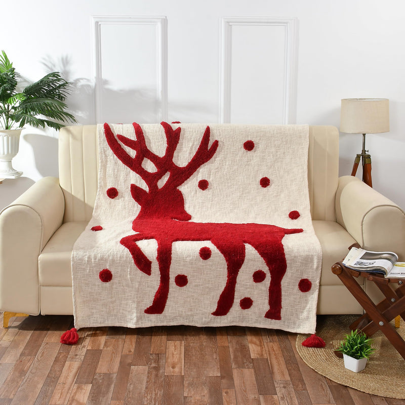 Mansa Enterprises Christmas Throw Boho Throw Christmas Tufted Blanket Cotton Throw Decorative Christmas Blanket Deer Christmas Deer Throw Blanket Tufted Deer Throw