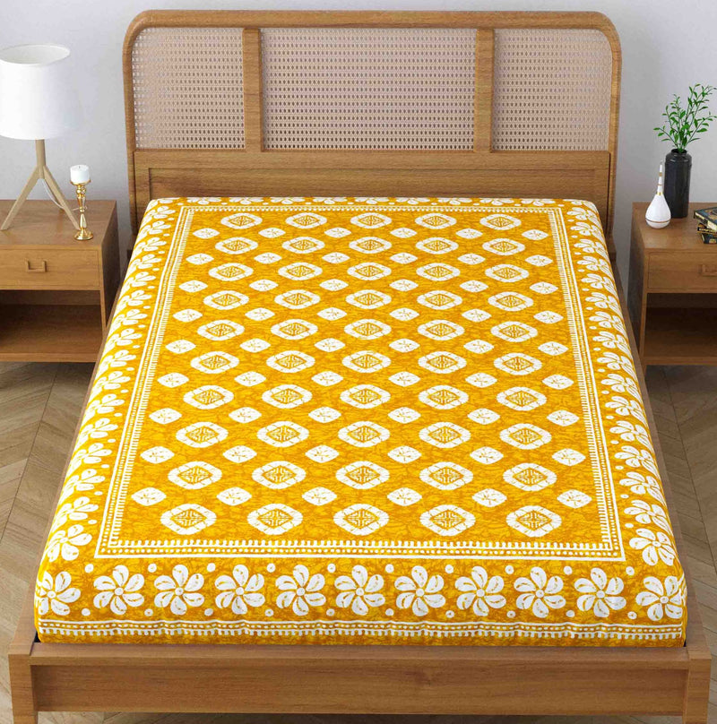 SheetKart Blossoms 100% Pure Cotton Jaipuri Printed Bedsheet for Single Bed, Traditional Ethnic Bed Cover - Yellow