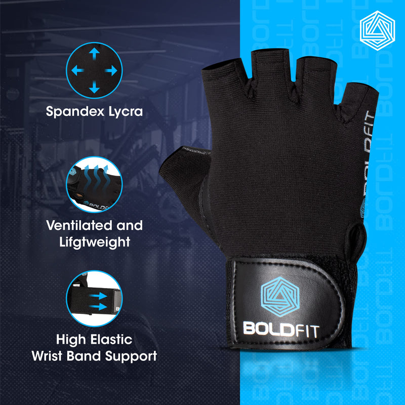 Boldfit Gym Gloves for Men & Women with Wrist Support Accessories for Weightlifting, Training, Exercise, Cycling Gloves, Bike Sports Gloves- Warrior -M, Polycotton Blend, Black, Medium (7.5" - 8")