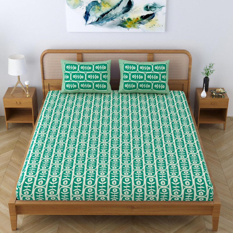 SheetKart Pure Cotton Floral Motif Printed Elegant Jaipuri Bedsheet for Double Bed King Size with 2 Pillow Covers - Jade Green