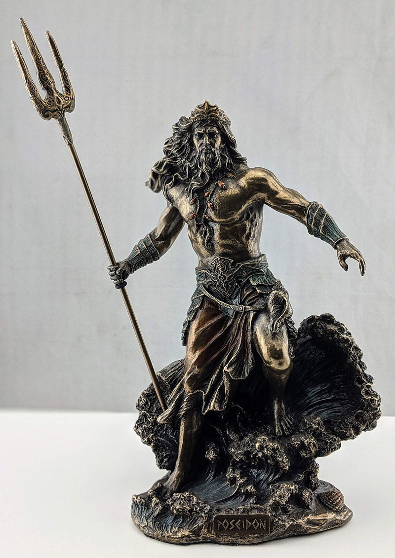 Veronese Design Resin Statues Greek God Poseidon Standing Over Crashing Waves Statue 6 X 10 X 3.75 Inches Bronze