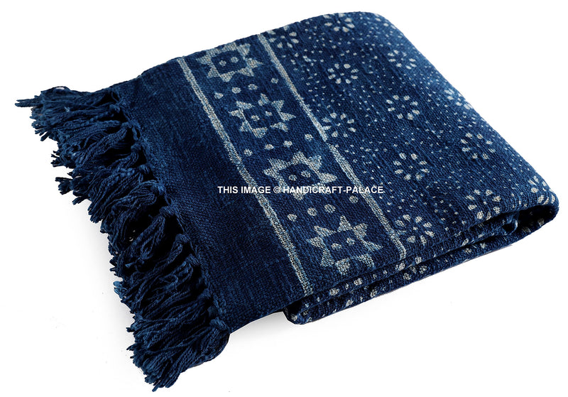 Ravaiyaa - Attitude is everything Block Printed Handloom Cotton Throw Handmade Floral Design Sofa & Couch Throw Home Decor Bedding Blanket (Indigo Blue)