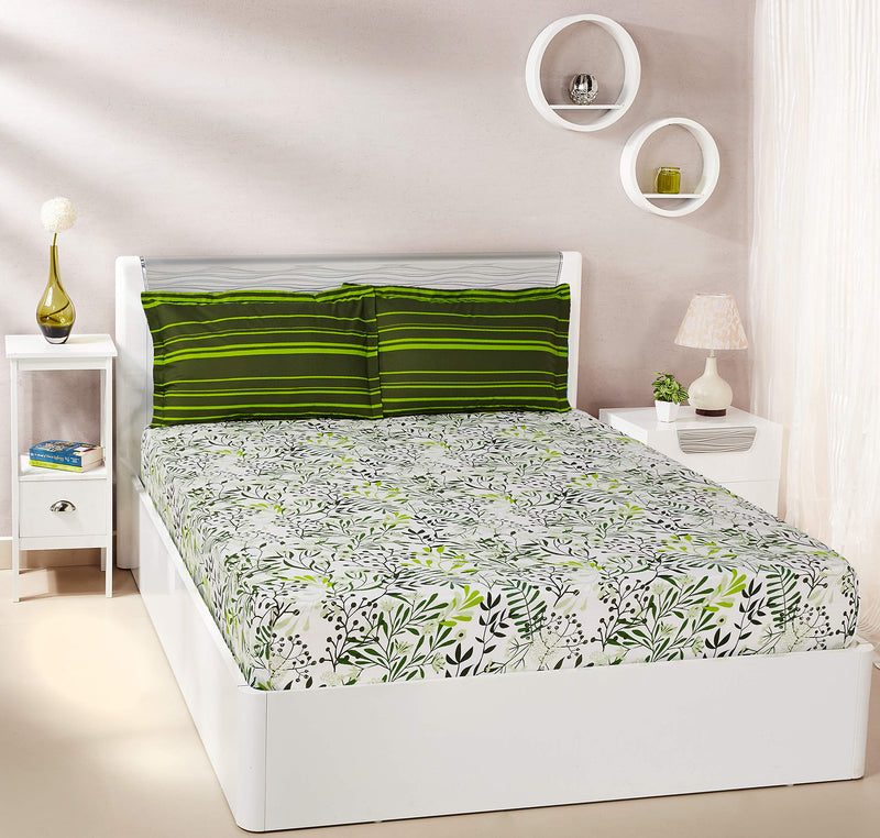 Amazon Brand - Solimo Fresh Ferns 144 TC 100% Cotton Double Bedsheet with 2 Pillow Covers, Green