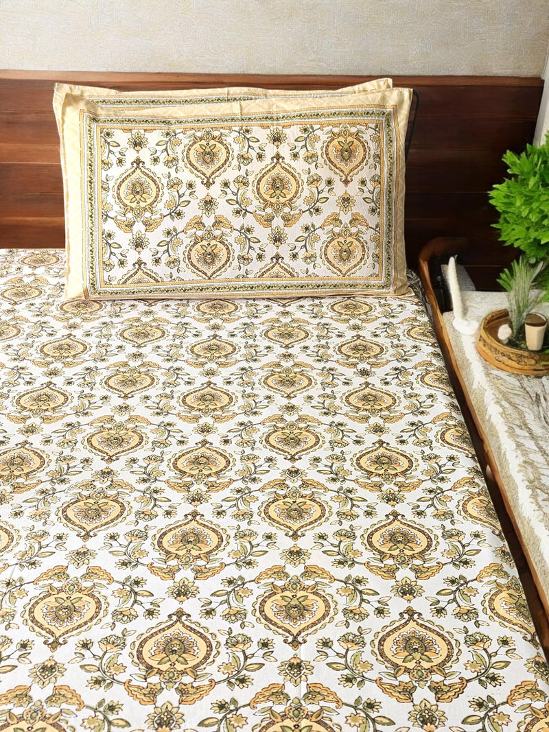 Feels Like Home 220 TC 100% Cotton Super King Size Bedsheet, 1 Bedsheet and 2 Pillow Covers, Block Printed, Olyander Collection Yellow Geometric Print,108 x 108 Inch, Jaipuri Bedsheet