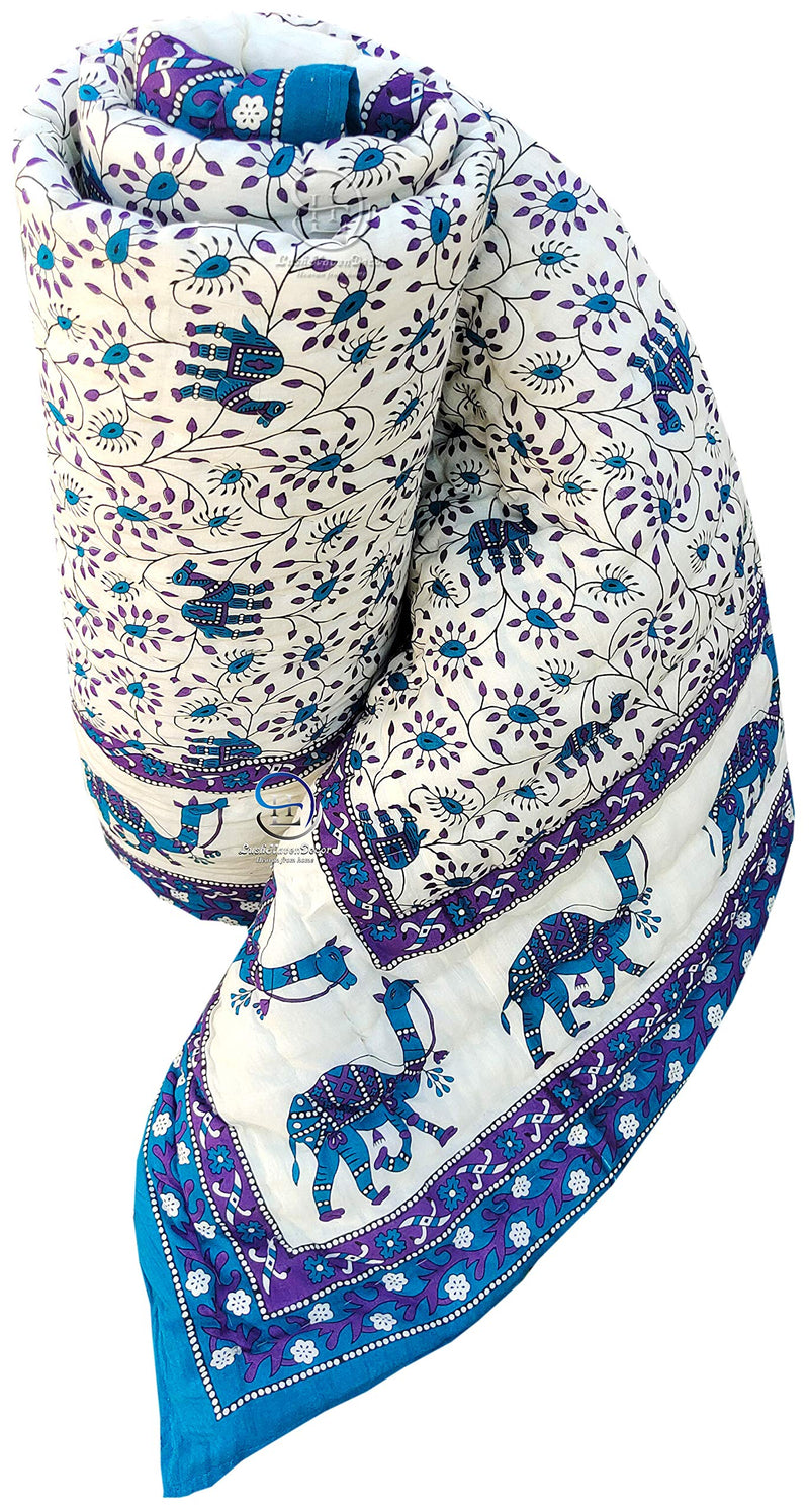 THROWS HOME DECOR Rajasthani Traditional Cotton Jaipuri razai rajai ac Blanket Blue Camel Animal Print with Floral Design Single Bed Jaipuri Quilt 55 x 85 inch ( Blue ) Reversible ( Both Sided )