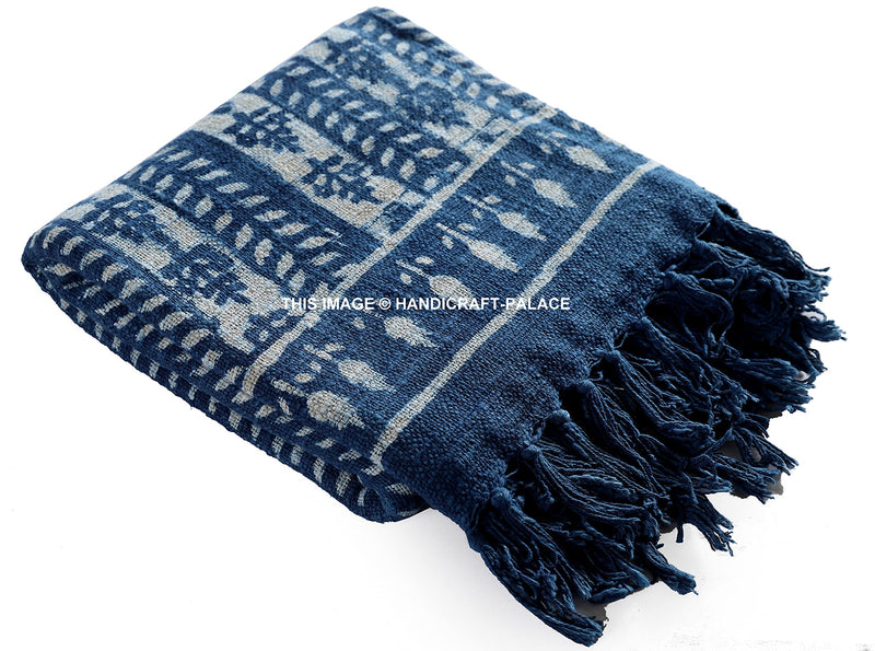 Ravaiyaa - Attitude is everything Luxury Handmade Block Printed Soft Cotton Throw Hand Loom Home Sofa Covers Throw 45” X 66” Inch (Indigo Blue)