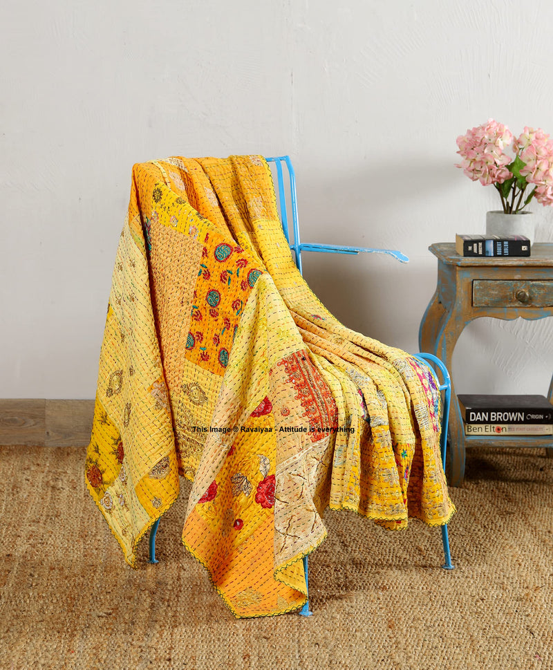 Ravaiyaa - Attitude is everything Khambadiya Silk Patchwork Throw Blanket Sofa Cover Couch Throw Decorative 52" X 64" Inch (Yellow)