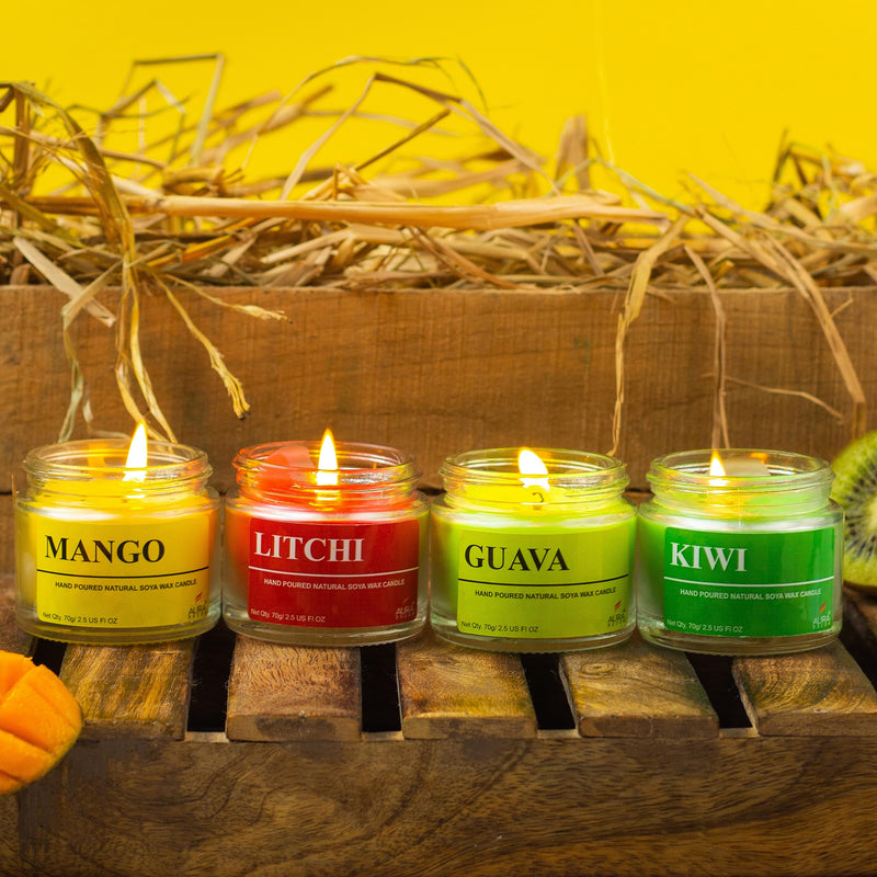 AuraDecor Fragrance Soy Wax Jar Candle || Summer Special || Fruity Fragrance || Soy Wax || Handpoured || Votive Candle || Burning Time 20 Hours Each || Mango, Litchi, Guava, Kiwi (Pack of 8)