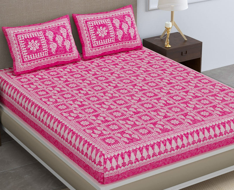 SheetKart 144 TC Cotton Floral Jaipuri Printed Double Bedsheet with 2 Pillow Covers, Pink