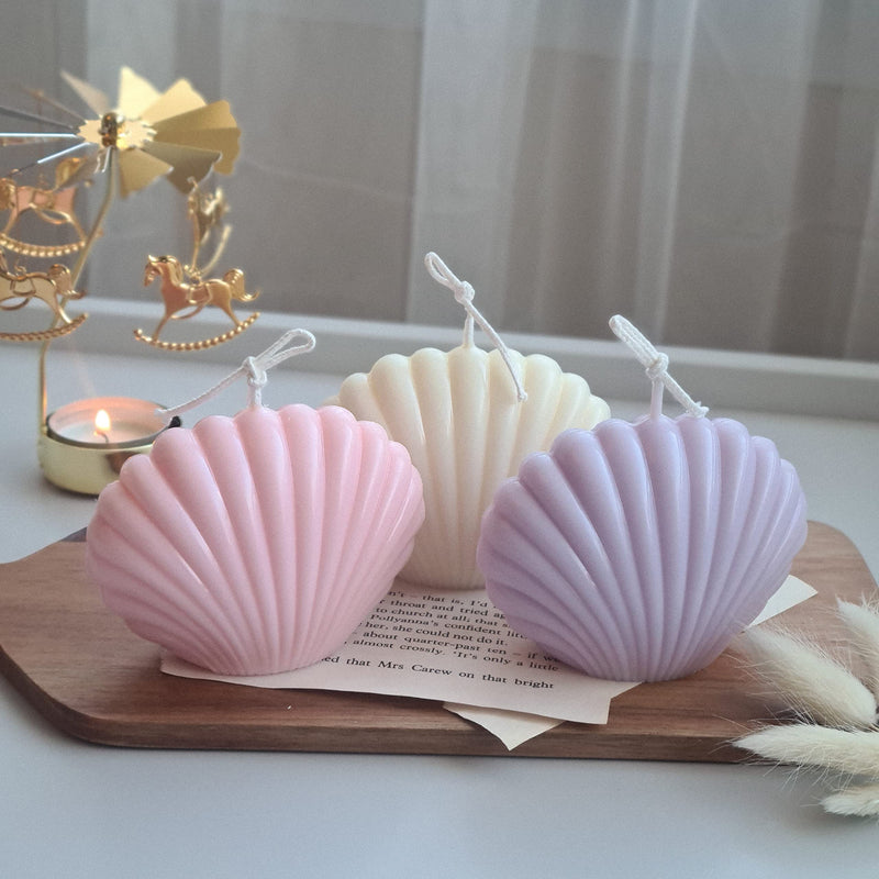 THE UMBRELLA STORE Sea Shell Candle Set of 3, Unscented, 100% Soy Wax-Pink, White and Lavender