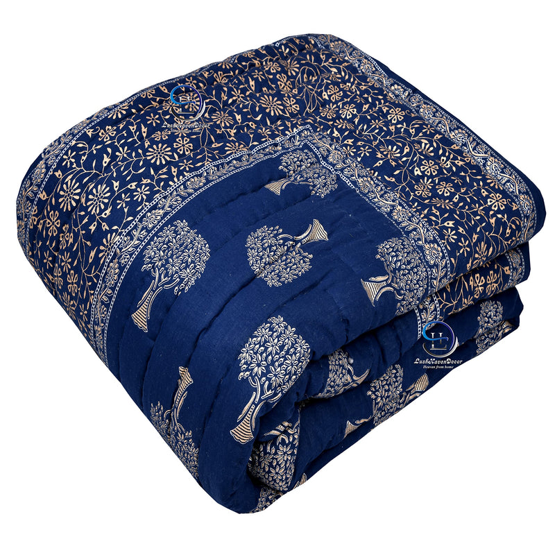 THROWS HOME DECOR 400 TC Jaipuri Rajasthani Traditional Light Weight Pure Cotton Single Bed Soft Jaipuri AC/Winter Quilt/Razai Floral Blue Print (Size 55 X 85 inch Stitch Including) Set of 1