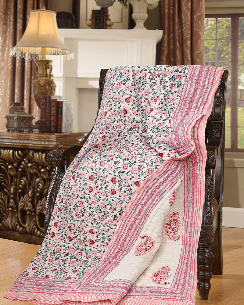 BLOCKS OF INDIA Hand Block Printed Cotton King Size Quilt/Rajai (90 Inch X 108 Inch) (Pink Jaal) (Reversible, Breathable),300 TC