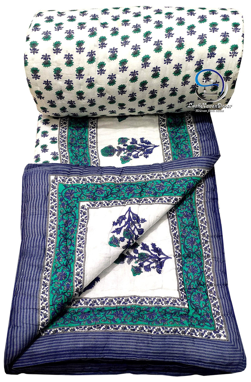 LushHavenDecor Rajasthani Traditional Cotton and Microfiber Jaipuri razai ac Blanket booti Print with Boarded Design Single Bed Reversible (Both Sided) Jaipuri Quilt 55 x 85 inch - Blue