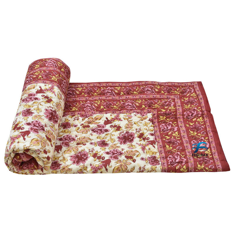 Woodsy Jaipuri Razai Rajasthani Traditional Soft Light Weight Pure Cotton Winter and Summer Rajai Ac Quilt Razai/Rajai/Quilt/Blanket/Dohar/Comforter/Jaipur (Single Bed, Pink Flower)