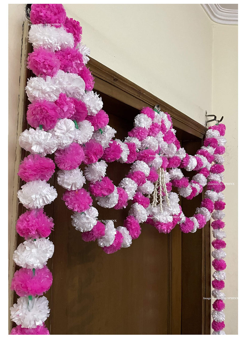 Sphinx Artificial Marigold Fluffy Flowers and Tuberose (rajnigandha) Triple Lines Door toran Set/Door hangings (Approx. 100 x 158 cms (White and Baby Pink)