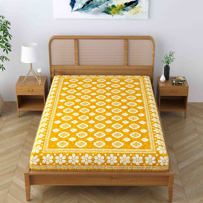 SheetKart Blossoms 100% Pure Cotton Jaipuri Printed Bedsheet for Single Bed, Traditional Ethnic Bed Cover - Yellow