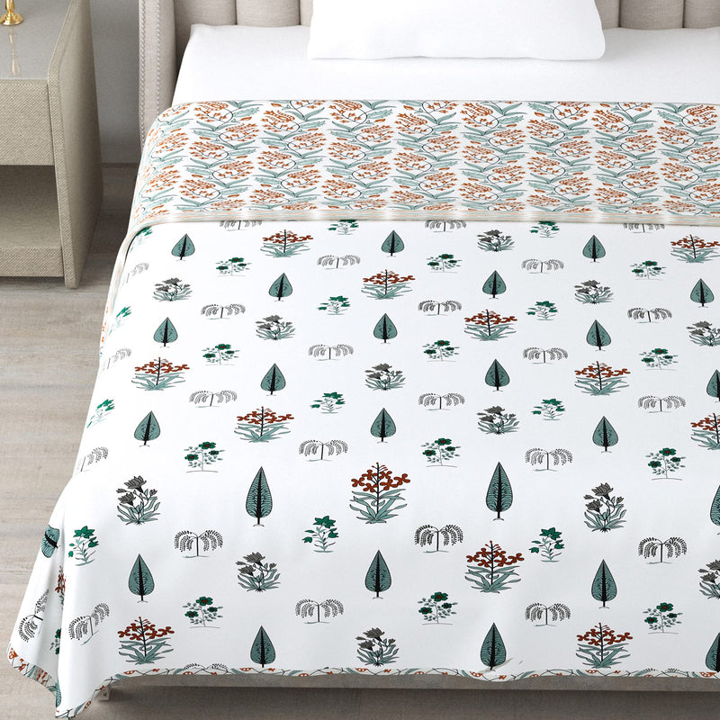 SPSON'S HANDLOOM Provide Pure Cotton Reversible Dohar Single Bed Size | AC Blanket Comforter | Soft Light-Weight Bed Blanket (60 x 90 inch, Green White Leaves, Pack of 2)