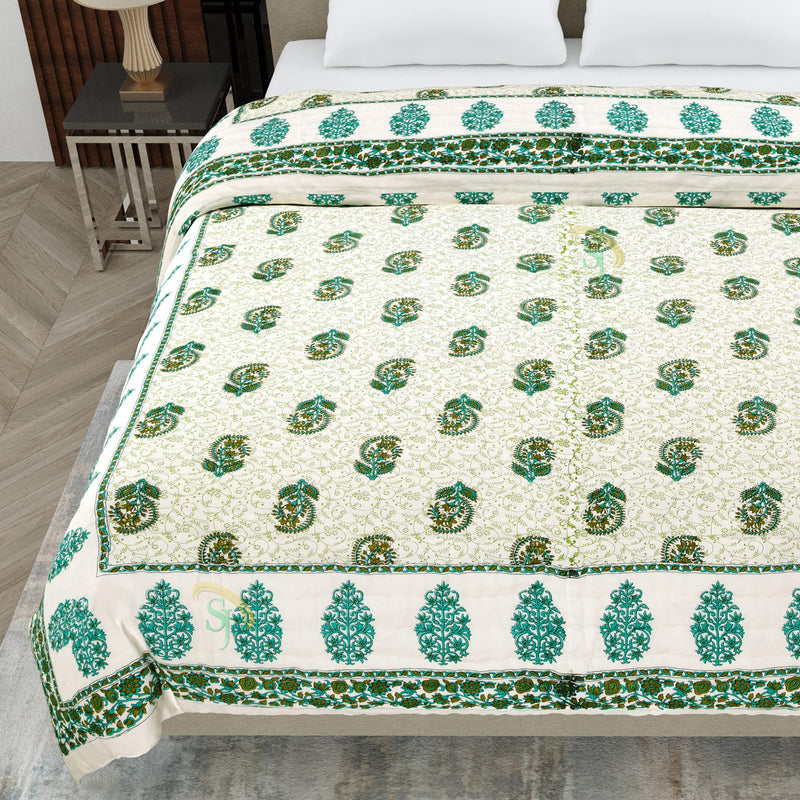 LushHavenDecor 240 TC Double Bed Jaipuri Razai Organic Pure Cotton Jaipuri rajai Ac Quilt for Winter and Summer Soft Light Weight Rajasthani Traditional Cotton Comforter 85 x 100 inch Green