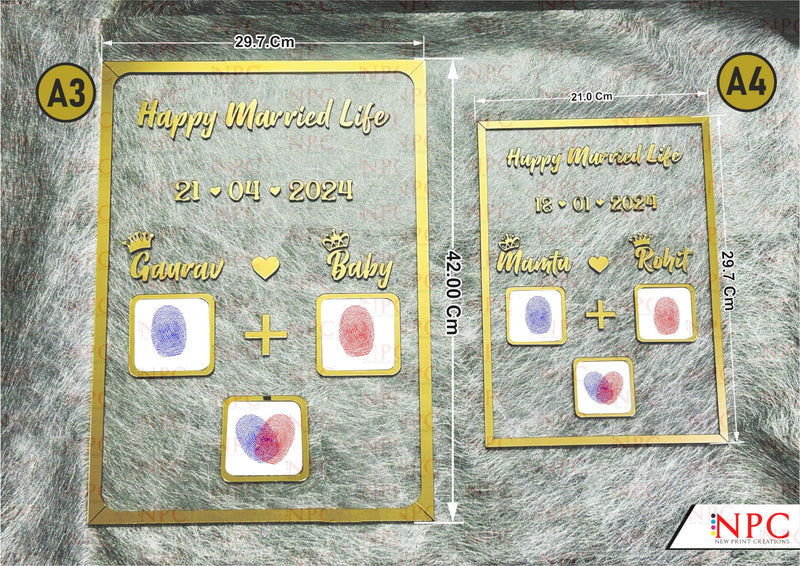 Couple Thumb Impression Gift (21 Cm X 29.7 Cm)| Wedding Thumb Print | Couple Gift| Finger Print Gift| Personalized Text | Golden Metal Design| Anniversary Gift