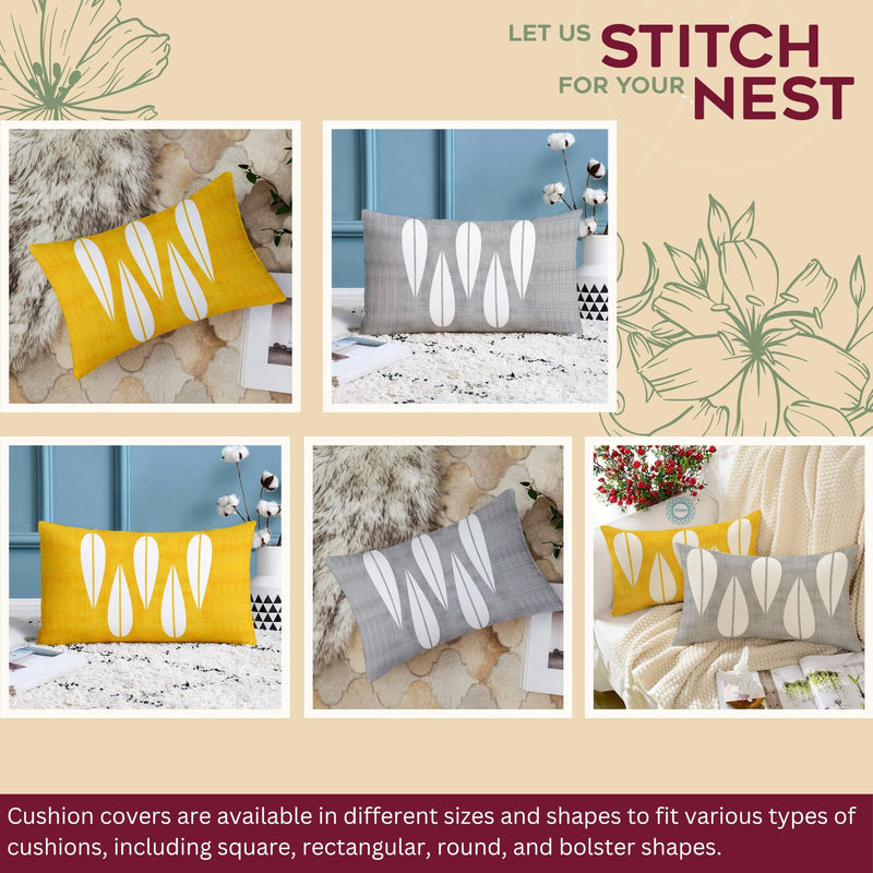 STITCHNEST Leaf Yellow Grey Printed Poly Cotton Cushion Covers, Set of 2 (12 x 18 Inches)