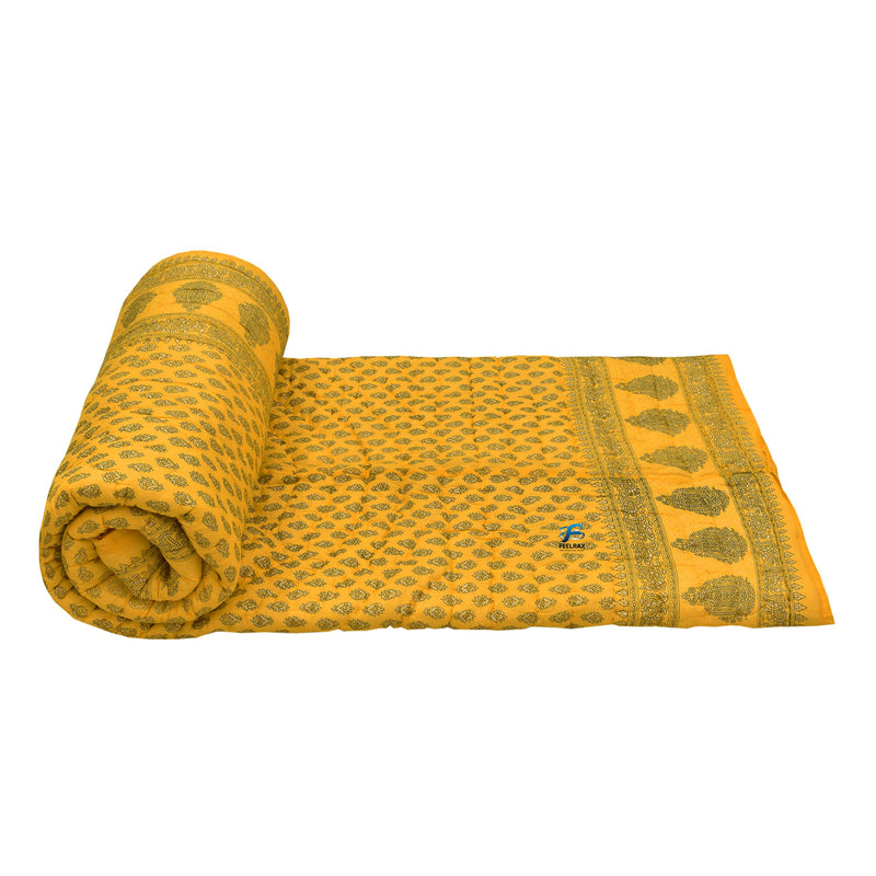 Woodsy Jaipuri Razai Rajasthani Traditional Double Bed Pure Cotton Winter and Summer Rajai (Yellow)