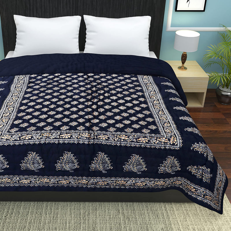 HANUMANT Jaipuri Razai | Organic | Pure Cotton| Sanganeri Print Ac Quilt for All Season Soft, Light Weight Rajasthani Cotton Quilt (Double Bed, Blue)