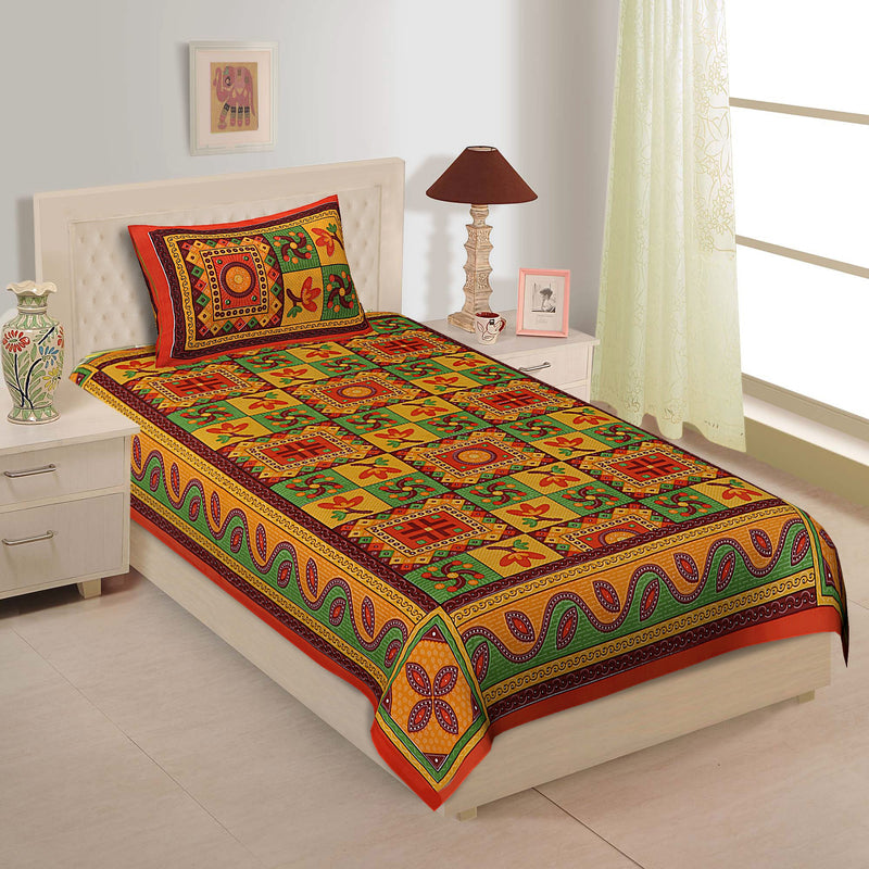 144 TC Cotton Comfort Rajasthani Jaipuri Traditional Sanganeri Printed Single Bedsheet with Pillow Cover (Orange)