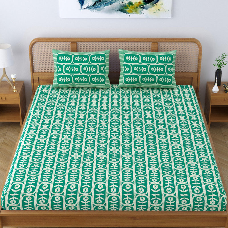 SheetKart Pure Cotton Floral Motif Printed Elegant Jaipuri Bedsheet for Double Bed King Size with 2 Pillow Covers - Jade Green