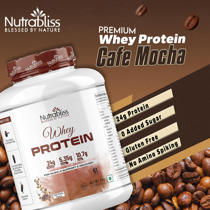 Nutrabliss Premium Pure Whey Protein Concentrated blended with digestive enzymes and probiotics | 100% tested and guaranteed Whey Protein - 24 Gram Protein per serving (Cafe Mocha, 2 Kg)