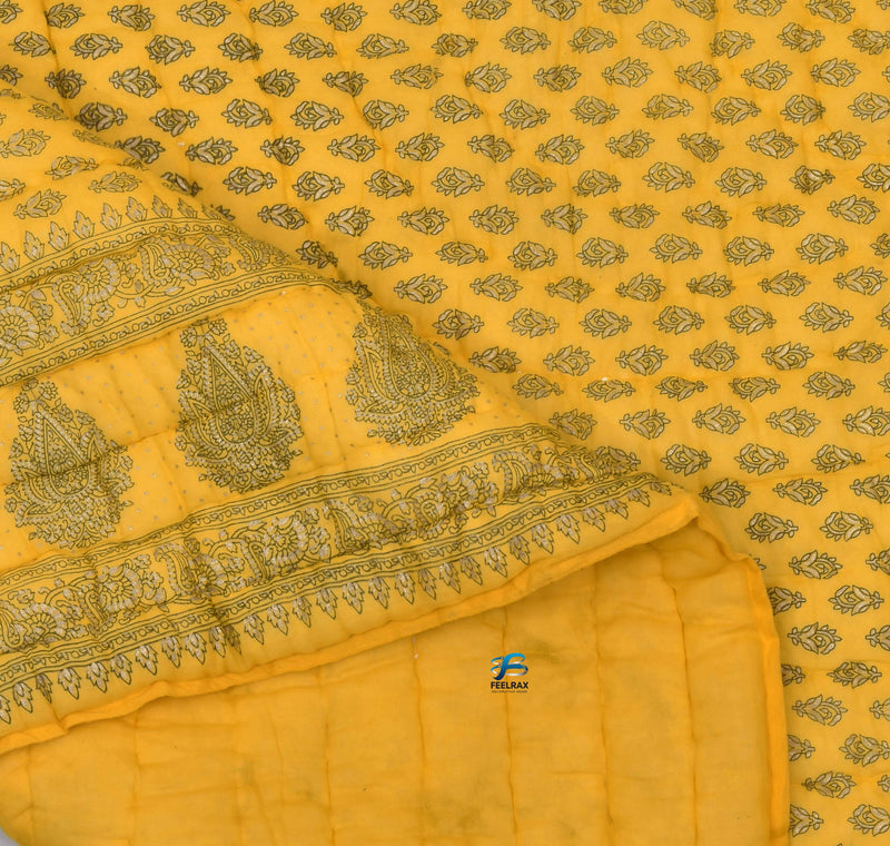 Woodsy Jaipuri Razai Rajasthani Traditional Double Bed Pure Cotton Winter and Summer Rajai (Yellow)