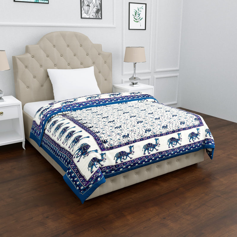 THROWS HOME DECOR Rajasthani Traditional Cotton Jaipuri razai rajai ac Blanket Blue Camel Animal Print with Floral Design Single Bed Jaipuri Quilt 55 x 85 inch ( Blue ) Reversible ( Both Sided )