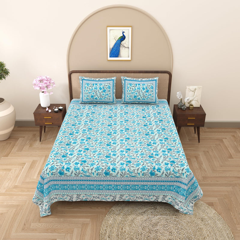 WestNic Jaipuri Print 100% Pure Cotton King Size Bedsheet Set for Double Bed with 2 Cotton Pillow Covers | 400 TC (Thread Count) | Size 90 X 108 Inches, 7.5 Feet by 9 Feet (Mint Blue)