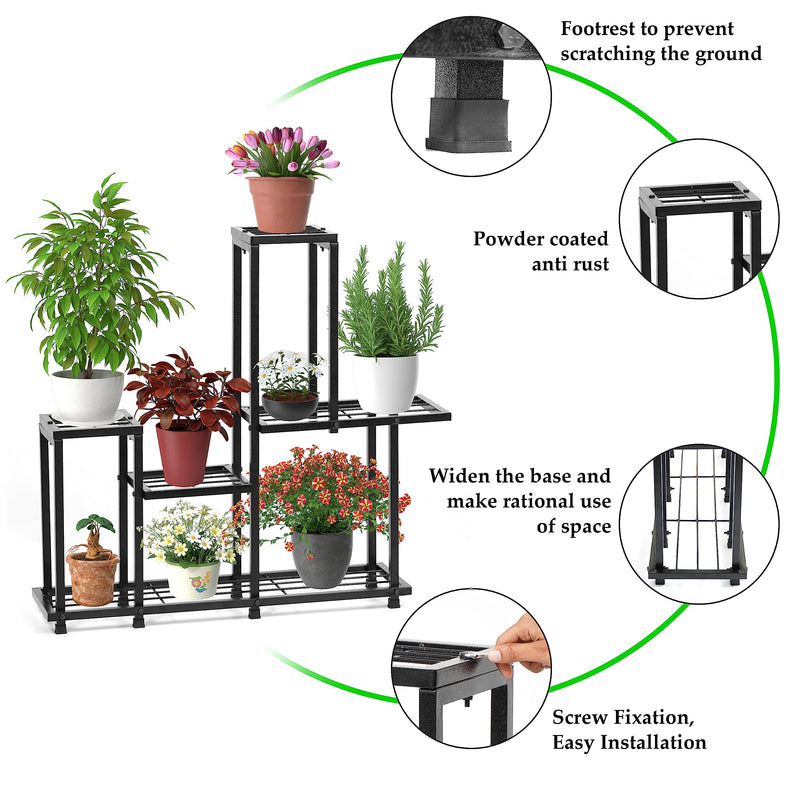 Livzing 5 Tier Metal Planter Stand-Multiple Pot Stand-Display Rack-Multipurpose Flower Pot Rack-Step Tiered Plant Stand-Modern Gamla Stand For Indoor Outdoor-Balcony-Garden-Living Room-Decor-Black