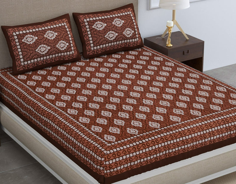 SheetKart Dabu Motif Cotton Double Bedsheet Jaipuri Printed Bed Cover with 2 Pillow Covers - Brown