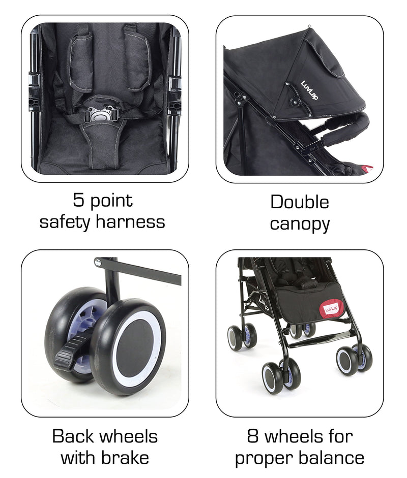 LuvLap City Baby Stroller / Buggy, Compact & Travel friendly baby pram, for Baby & Kids, 6-36 Months, with 5 point safety harness, adjustable seat recline, extendable canopy, 15Kg capacity (Black)