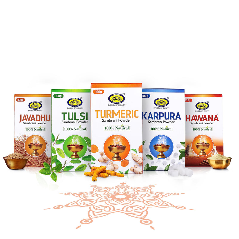 Cycle Pure Sambrani Powder Original for Pooja, 100 GM (Pack of 5) | Variants: Turmeric, Tulsi, Javadhu, Hawana, Karpura Sambrani Powder | Ideal for Daily Puja, Festive Occasions & Special Ceremonies