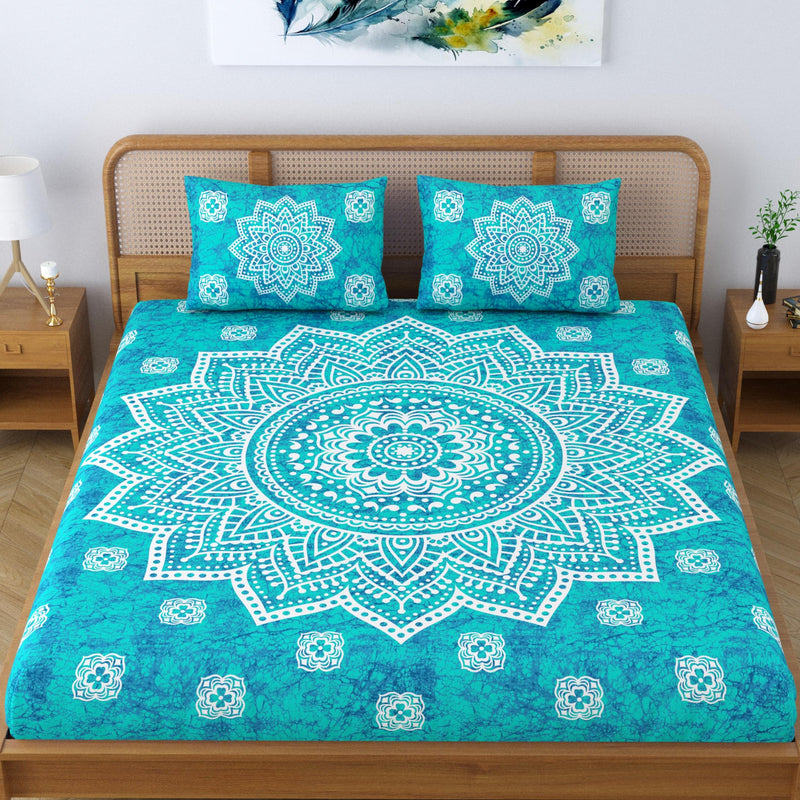 SheetKart Cotton Blend Traditional Mandala Jaipuri Printed Bedsheet for Double Bed King Size with 2 Pillow Covers - Sea Green