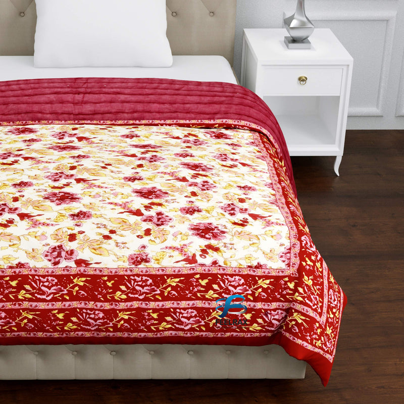 Woodsy Jaipuri Razai Rajasthani Traditional Soft Light Weight Pure Cotton Winter and Summer Rajai Ac Quilt Razai/Rajai/Quilt/Blanket/Dohar/Comforter/Jaipur (Single Bed, Pink Flower)