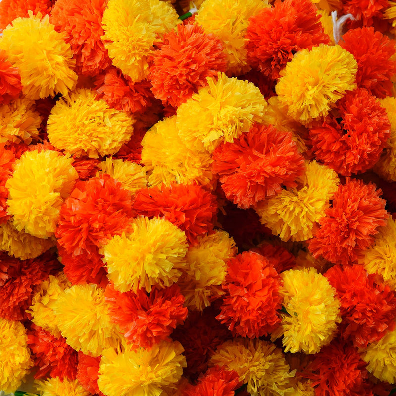 Caneuf Genda Phool Yellow Dark Orange Artificial Marigold Fluffy Flower/Genda Phool Garlands String for Diwali, Navratri, Durga Pooja Festival Office Decoration (Pack of 15) Multicolour