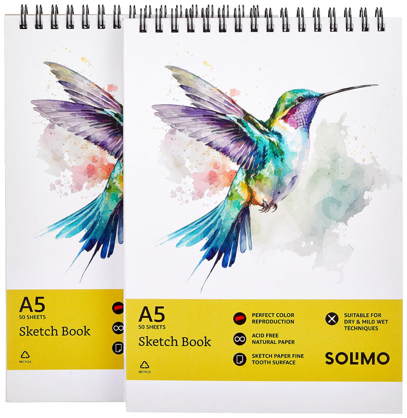 Amazon Brand - Solimo Sketchbooks, Spiral-Bound, Mini Size, Professional-Grade Sheets, Compatible with a Range of Art Material (A5, Set of 2)