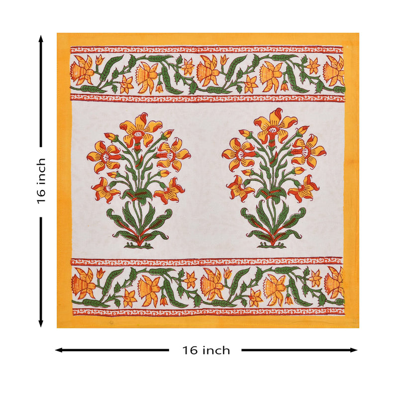 BLOCKS OF INDIA Hand Block Printed Cotton Cushion Cover (16 X 16 Inches) (Yellow Flower), 300 TC