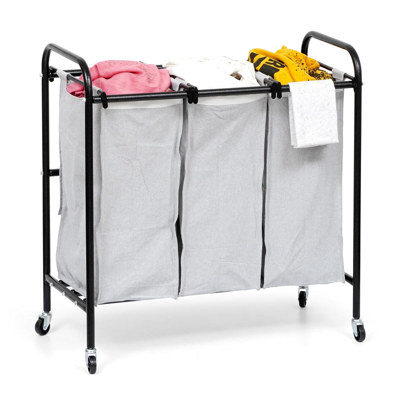 Livzing Metal Laundry Sorter 3 Section Cart With Rotating Wheels-Laundry Trolley Cart With Removable Laundry Bags-3 Compartment Laundry Divider Organizer&Laundry Basket Trolley For Bedroom, Home-Grey