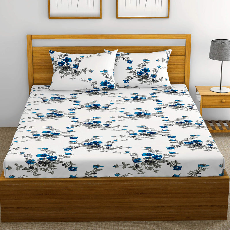 HUESLAND by Ahmedabad Cotton 144 TC Cotton Bedsheet for Double Bed with 2 Pillow Covers - White, Blue