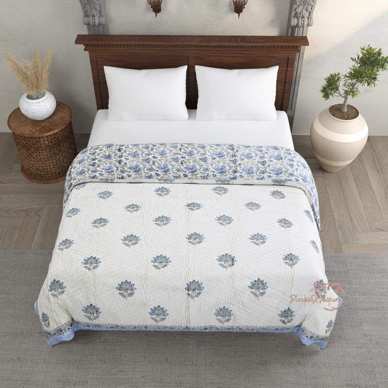 BLOCKS OF JAIPUR Original Pure Cotton Jaipuri Razai Hand Block Blue Flower Print Reversible Comforter Lightweight AC Quilt Summer and Winter Bedding | Throw Bed Blanket (Single Bed 60X90 Inches)