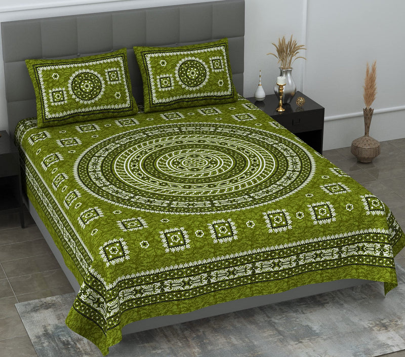 SheetKart Mandala Floral Print 144 TC Cotton Double Bedsheet with Pillow Covers - Green