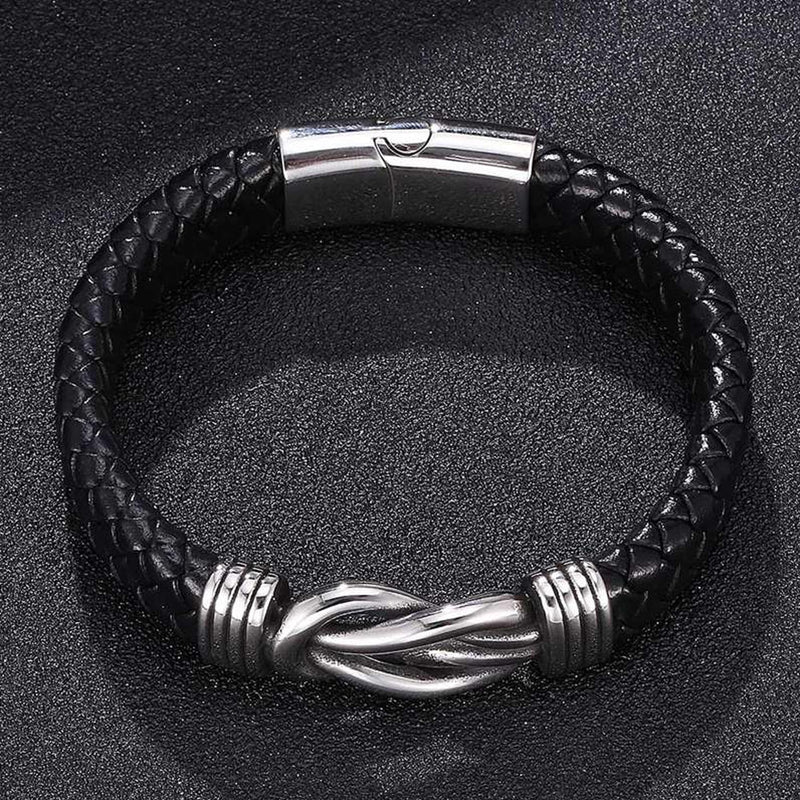 Fashion Frill Stylish Leather Bracelet For Men Stainless Steel Knot Black Bracelet For Menm Boys Love Gifts Mens Jewellery