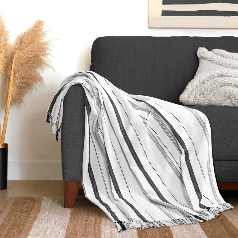 Furnofy 100% Cotton Sofa Throw | Handmade Throw - 50x60 Inches (Pack of 1) (White Striped)