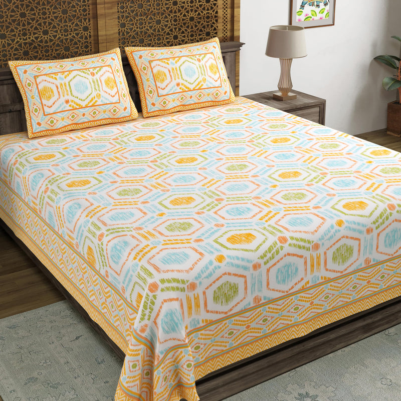 BLOCKS OF INDIA Hand Block Print Cotton King Size Bedsheet (90 X 108 INCH) (Yellow Ikat)