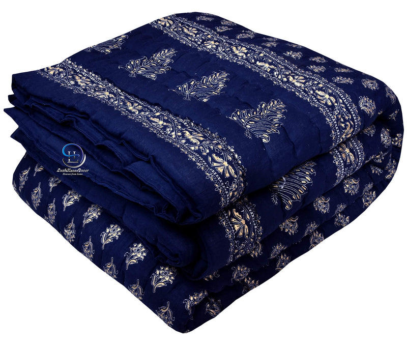 LushHavenDecor Pure Cotton Rajasthani Gold Print Work Blue Jaipuri Single Bed Razai Quilt Rajai Dohar AC-Blanket Comforter 85x55 inch, Set of 1, Blue, skin_friendly